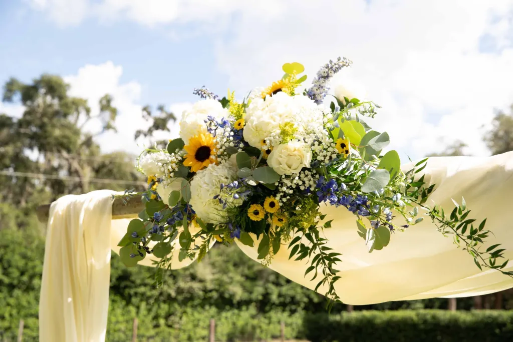 Sunflowers and white blooms on a ceremony arbor draped in ivory fabric