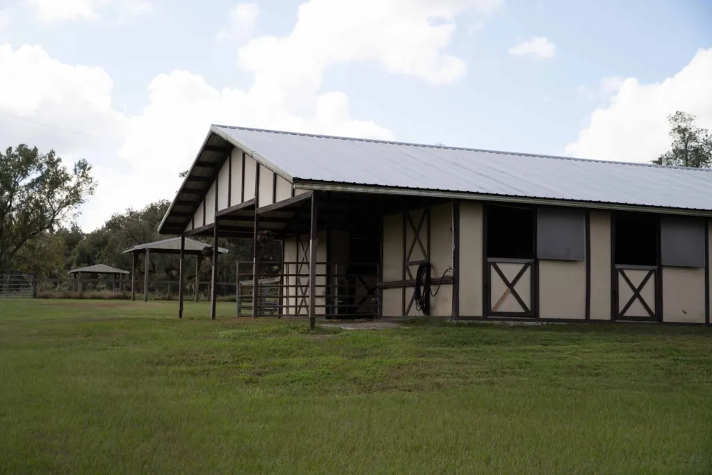 Side of the horse barn with oaks in the distance